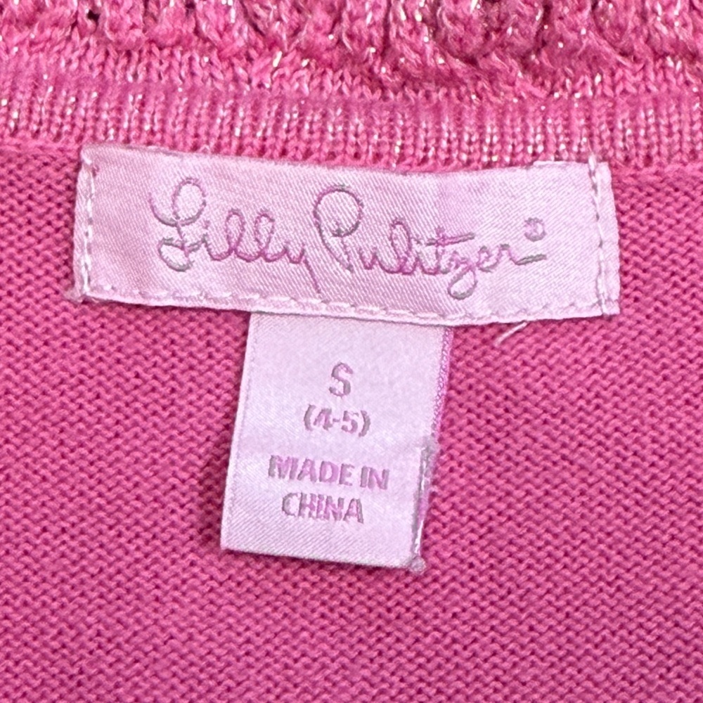 Lilly Pulitzer: Girls Pink Ruffle Cardigan Sweater, Metallic Accent, Size S (4/5 - Picture 3 of 9
